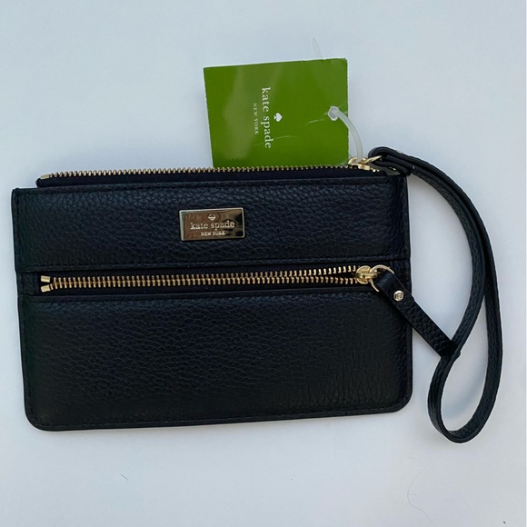 Kate Spade Highland Place Bee Black Pebbled Leather Wristlet Wallet.